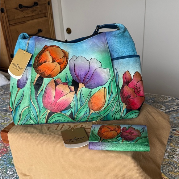 Anuschka Hand-Painted Floral Shoulder Bag - Blue Green Orange Red